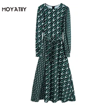 Moyatiy – robe imprimée verte pour femmes, mode, avec Slash rétro, motif Patchwork, fermeture éclair au dos, manches longues, 2022 