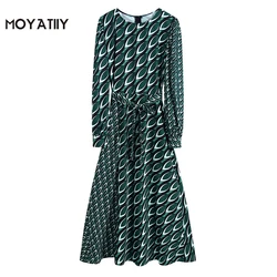 MOYATIIY vestido verde de manga larga para mujer, ropa con estampado de retales Retro, con cremallera trasera, 2022