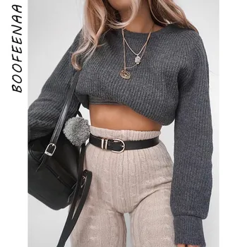 

BOOFEENAA Gray Knitted O Neck Long Sleeve Crop Sweater Women Pullover Fashion 2019 Autumn Winter Clothes Sexy Jumpers C81-AC71