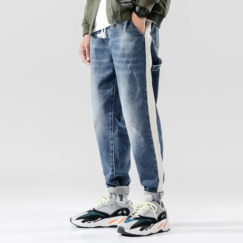 Fashion Streetwear Men Jeans Side Stripe Designer Loose Fit High Quality Harem Pants Size S-4XL Blue Color Hip Hop Jeans Men