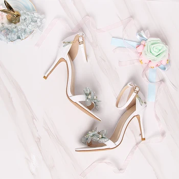 

Spring Summer Hollow Open-toed Women's Sandals White Surface Light Green Flower Pearl One Word Fastener High-heeled Shoes New