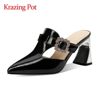 

Krazing Pot new cow leather metal fasteners pointed toe high strange heel mules slip on office lady dress women summer pumps L21
