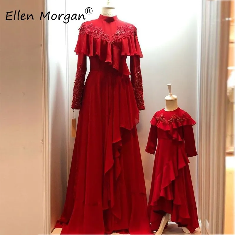 

Muslim Long Sleeves Evening Dresses Party Elegant for Women Dubai Caftans Burgundy Chiffon for Mother and Duaghter
