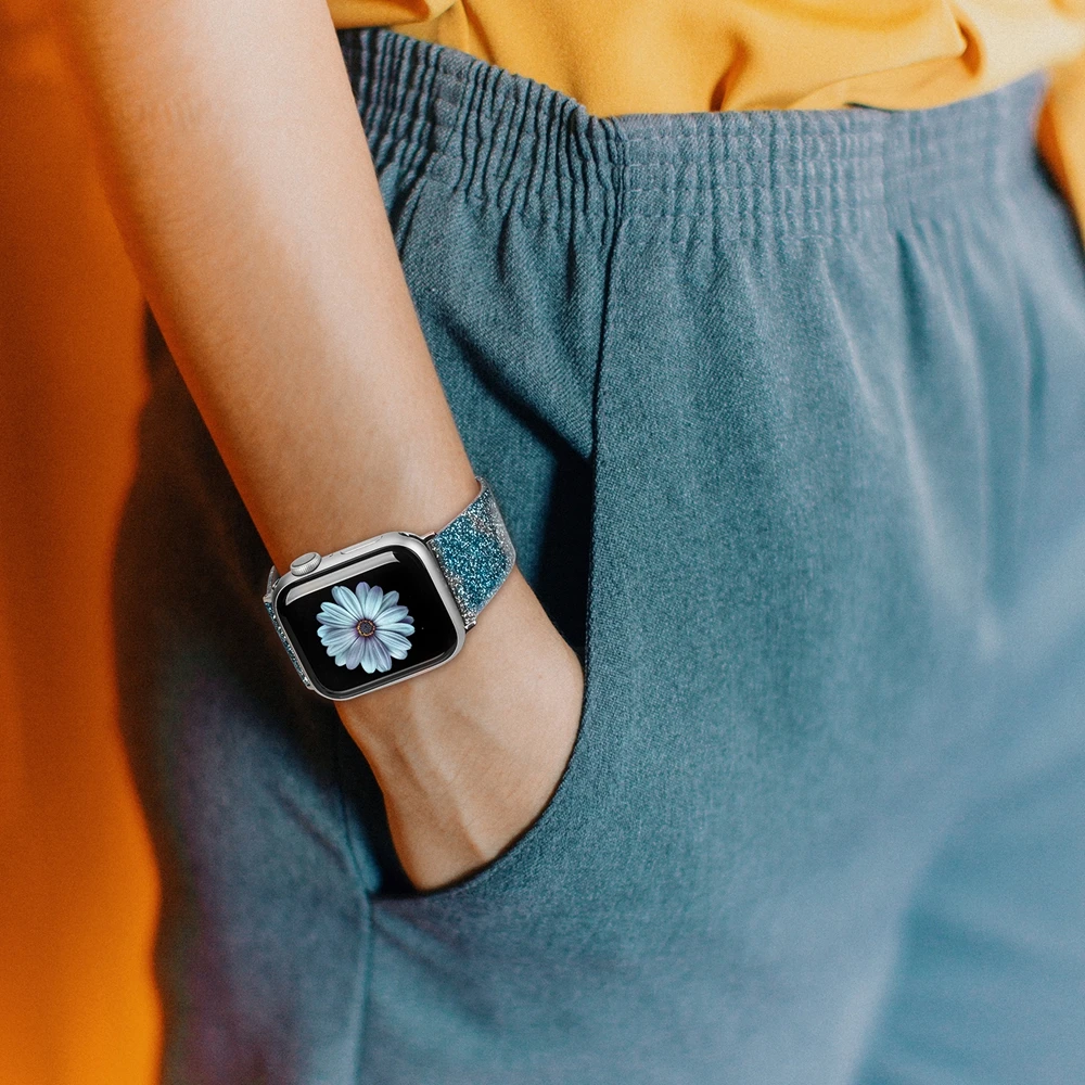 Кожаный ремешок для Apple Watch 38 мм 40 мм для женщин с блестящими бриллиантами 42 мм 44 мм настоящий Блестящий ремешок для iWatch серии 5 4 3 2 1