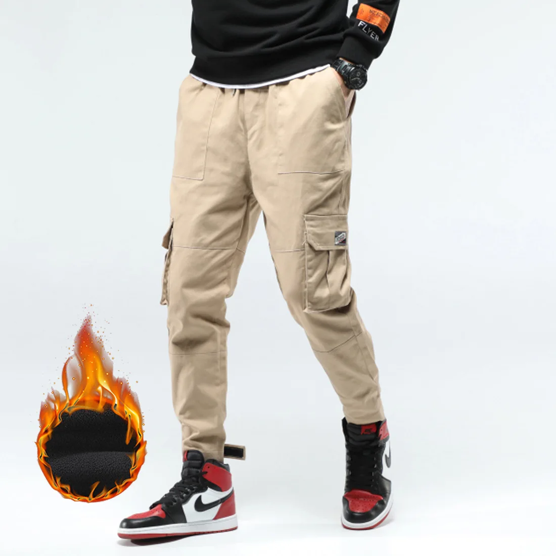 

JRGZ01 Cotton Overalls Casual Trousers Fashion Velvet Padded Keep Warm Pure Color Youth Cargo Pants Men