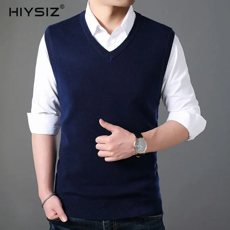 HIYSIZ жилет свитер мужской с v-образным вырезом на каждый день без рукавов уличная мода бренд стиль осень зима пуловер мужской жилет SW030 - Цвет: Тёмно-синий