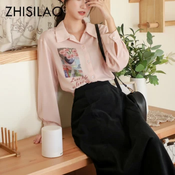

Vintage Print Pink Blouse Women Long Sleeve Shirts Mujer Patchwork Flower Spring 2020 Women Tops Casual Retro Chic Blouse