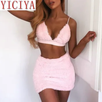 

Sexy 2 piece set Women outfits matching 2pcs Vest Fuzzy Plush Crop Top Mini Skirt Set Backless Suits Party Clubwear Clothes