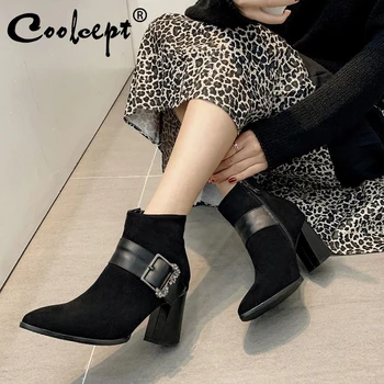 

COOLCEPT 2020 Women Fashion Plus Size 32-48 Office Ladies Ankle Boots Buckle Crystal Pointed Toe Short Boots Daily Footwear