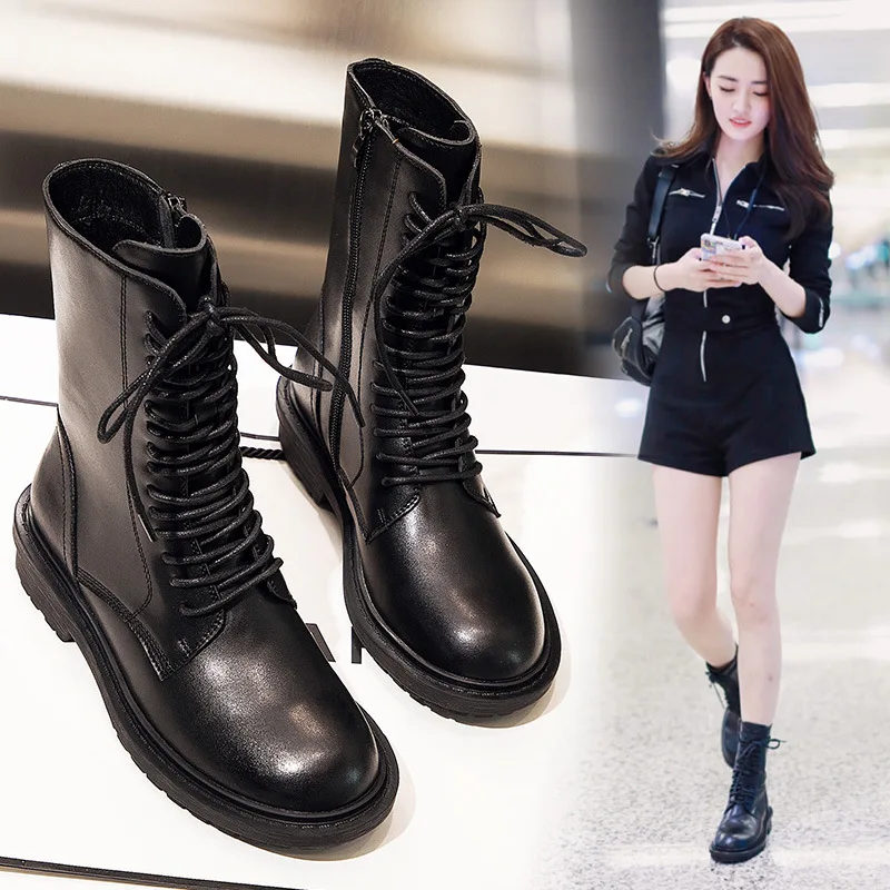 

Ann Martin Boots Female Black Handsome Knight England Ventilation Network Red Ankle Boots 2019 Autumn Middle Boots Fashion INS C