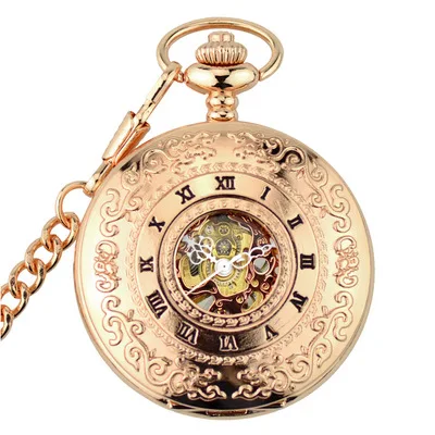 Ретро Розовое Золото Механические карманные часы Скелет стимпанк винтажные мужские женские ручные намотки карманные часы с цепочкой FOB