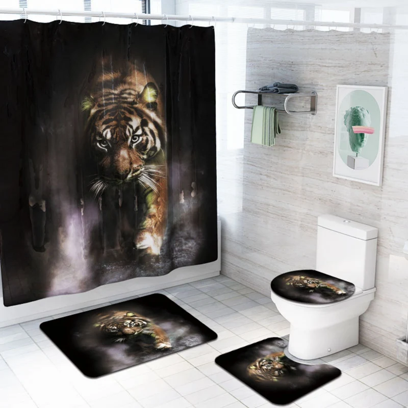 

Curtain Lid Cover Rug Set Tiger Bathroom Shower 4 Pieces Toilet Mat Set Non-Slip Carpet Rugs Doormat