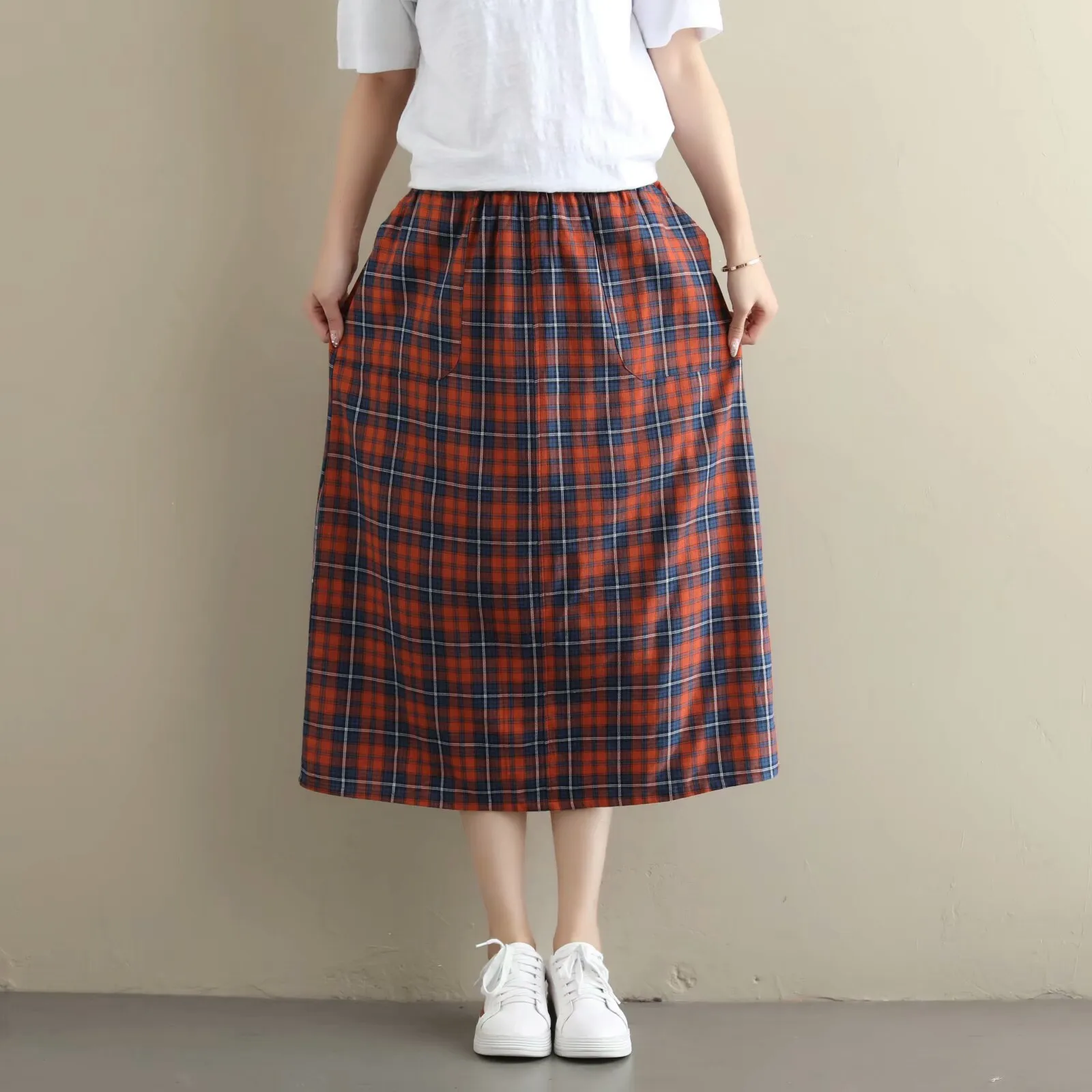 

2019 Summer New Style Joint Plaid Skirt Artistic Large Size Loose-Fit Medium-length Semi-Skirt