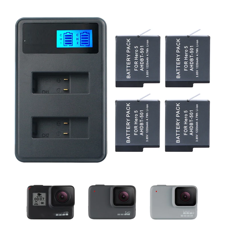 Kits de Bateria com Lcd Carregador para Gopro Acessórios da Câmera Novo Inteligente Dupla Slots Hero8 7 6 5 Preto Esportes Ação Ahdbt-501 - Image 5