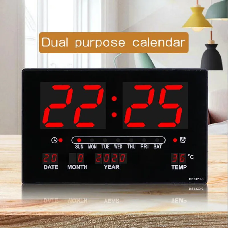

32*20*3CM Large Digital Wall Clock Alarm Hourly Chime Table Clock Calendar Temperature Electronic LED Clocks with EU/US/UK Plug