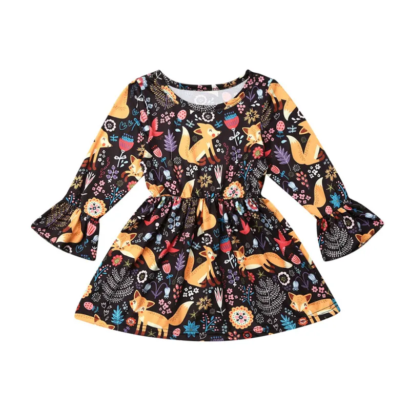 

CANIS children's dresses Toddler Baby Girls Dress Party Long Sleeve Fox Printed Tutu Dresses Clothes ruffles casual outfits