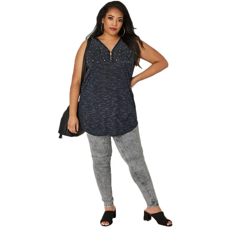 

Casual Tops Blouses Women Plus Size Sleeveless Dark Gray Zipper Fashion Shirt Blouses Star Printed V Neck Female Tops Blusas