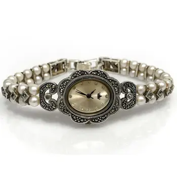 

Marcasite Pearl Japanese Machine Silver Watch