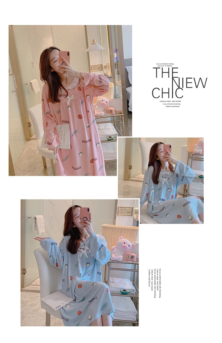 Spring Autumn Casual Plaid Cotton Nightgowns for Women Long Sleeve Loose Night Dress Home Dress Sleepwear Nightdress Nighty