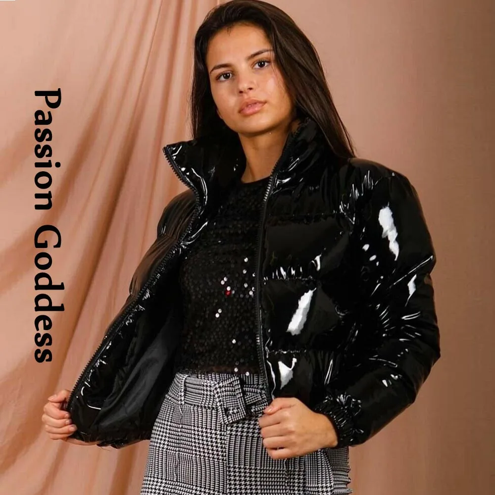 Autumn Winter Women Bright PU Puffer Jackets Warm Bubble Coat Down