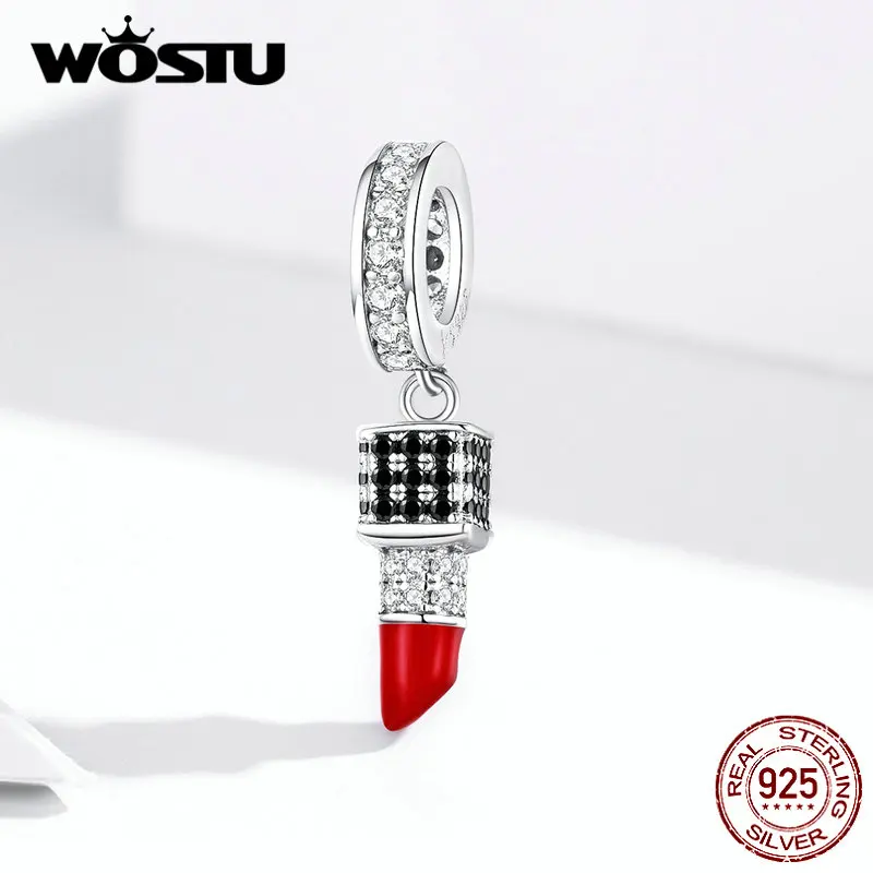 WOSTU 925 Sterling Silver Fashion Lipstick Charms Fit Original Bracelet Pendant Zircon Beads Wedding Party Jewelry Gift FIC1392 | Украшения