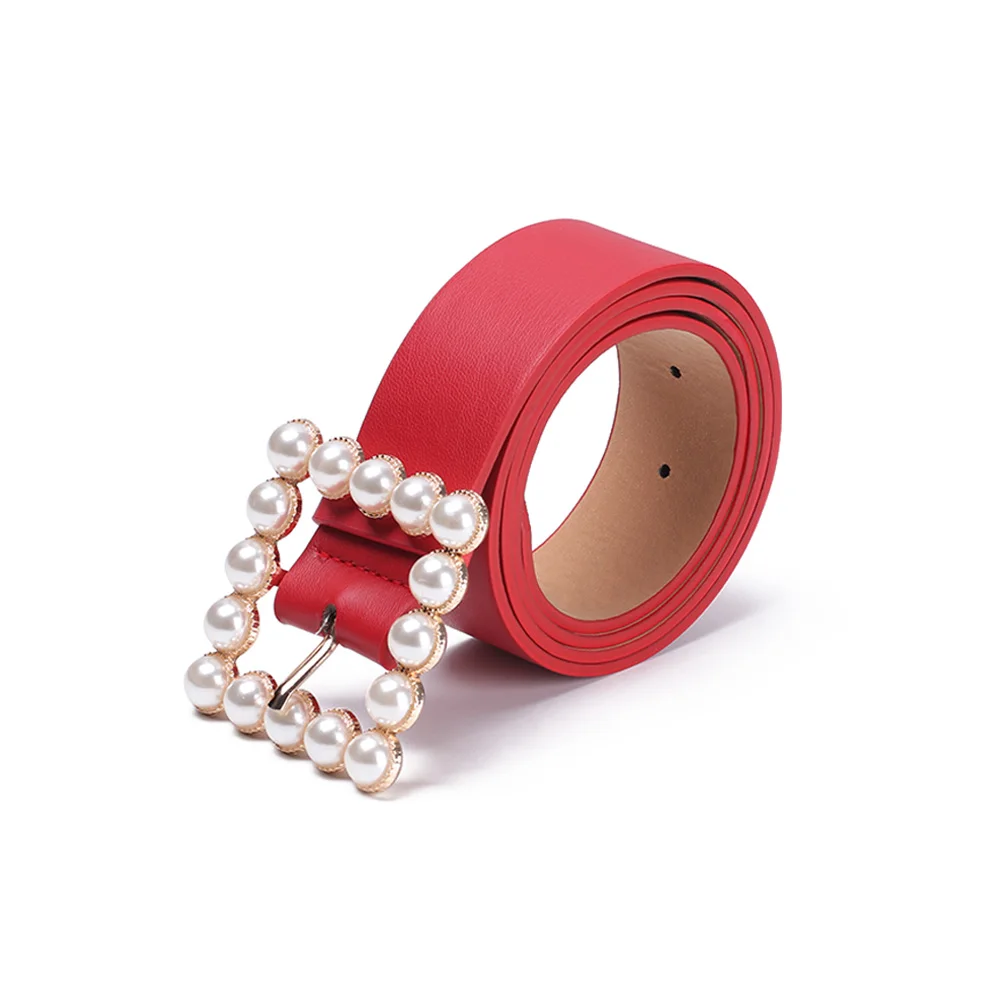 1PC Fashion Women Square Buckle Leather Belt Sweet Inlaid Pearl Decoration Solid Color Belt Elegant Wedding Party Ladies Belt