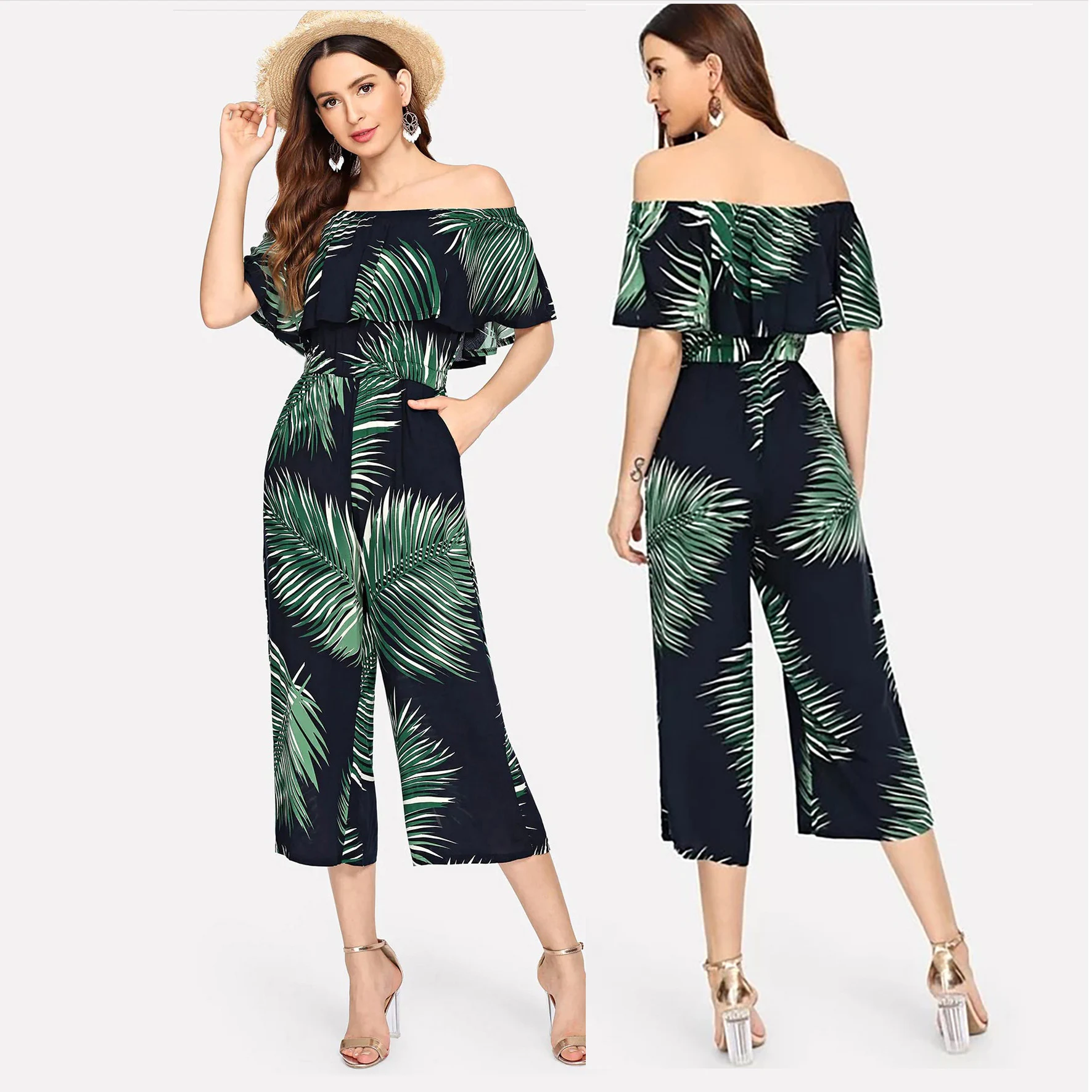 

Off Shoulder Printed Loose Jumpsuit Women Summer 2020 Body Suit with Capri Pants Sxey Ruffles Top Casual Cotton Women Clothing