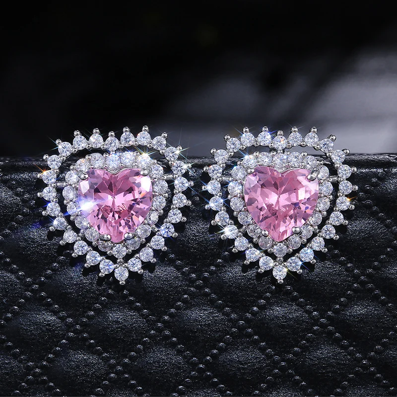 

Exquisite Heart Shape Design Earrings For Women Pink Zirconia Piercing Stud Earrings Shiny Crystal Surrond Fashion Jewelry Gift