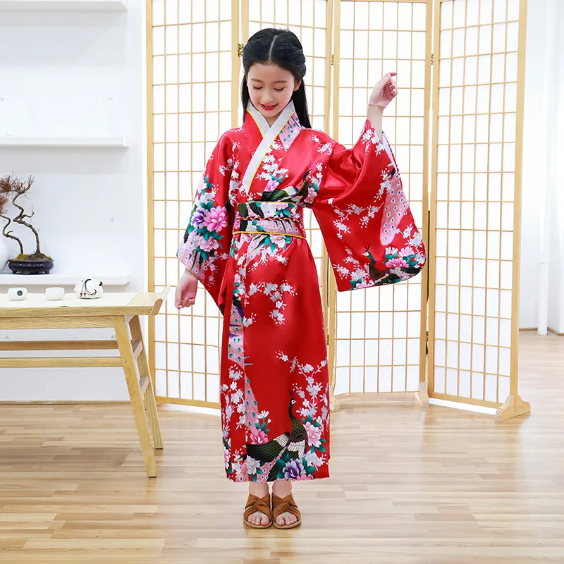 Японский традиционный детский халат, атласное кимоно юката для девочек, с бантом, юката, детское платье с принтом сакуры, костюм подружки невесты, шелковое кимоно - Цвет: Red-1
