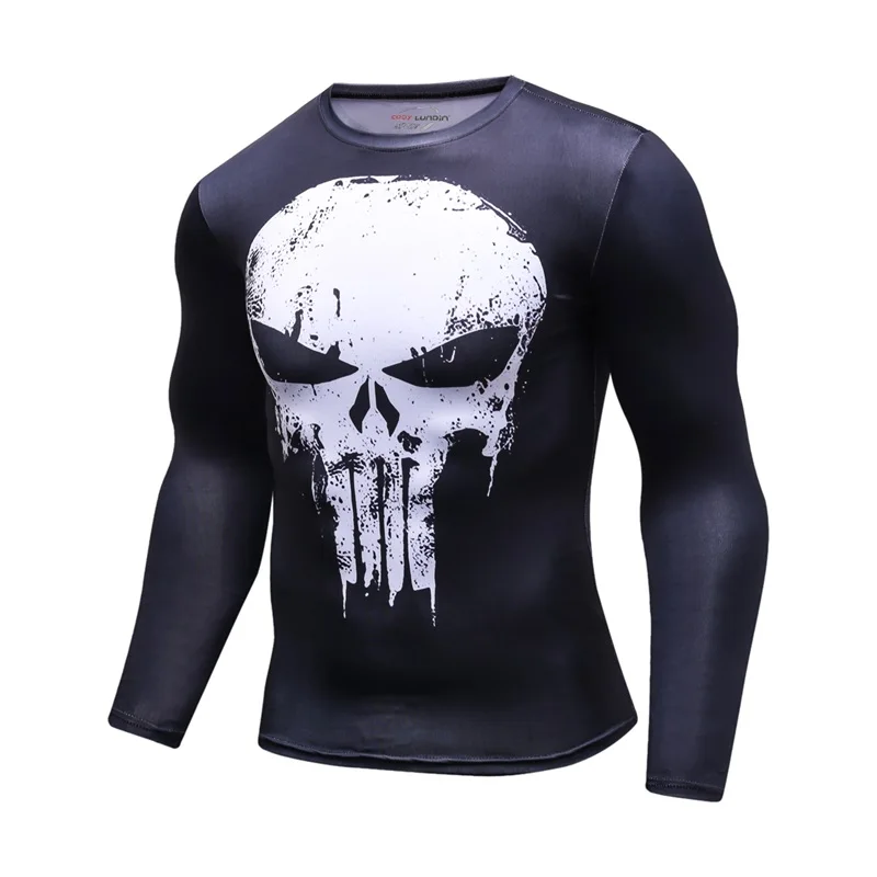 Superhero Punisher Long Sleeve Sport T Shirt Workout 3D Compression Quick Dry Training Men\'s Running Gym Fitness Top Rashgard