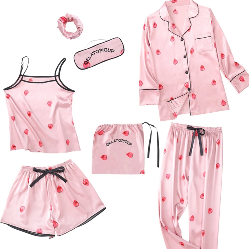 Koop Vrouwen pyjama zijden pyjama voor vrouwen 7 Stuks nachtkleding Winter Sexy pijamas vrouwen Zachte Zoete Leuke Nachtkleding pyjama set