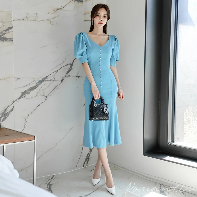 

Blue Color Office Lady Dress Women Summer Short Puff Sleeve High Waist Dress Party Elegant Midi Female Mermaid Dress Ka814