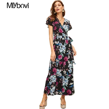 

2020 Sexy v neck print long dress summer Black high waist Ruffle maxi dress beach Wrap tank women dresses with Belt