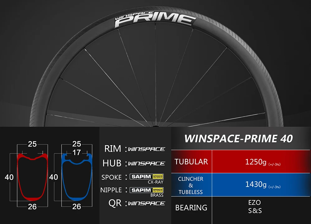 Winspace Carbon Road Bike Wheel Straight Pull Low Resistance Ceramic Hub 25mm Wider Tubular Clincher Tubeless 700c Wheelset