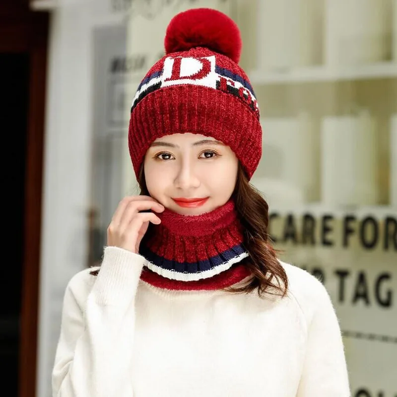 Новая брендовая новая зимняя шапка женская теплая шапка Skullies Beanie шапки Леди буква из флиса вязаная шляпа нагрудник женские наборы для езды на велосипеде 2 шерстяные шапки