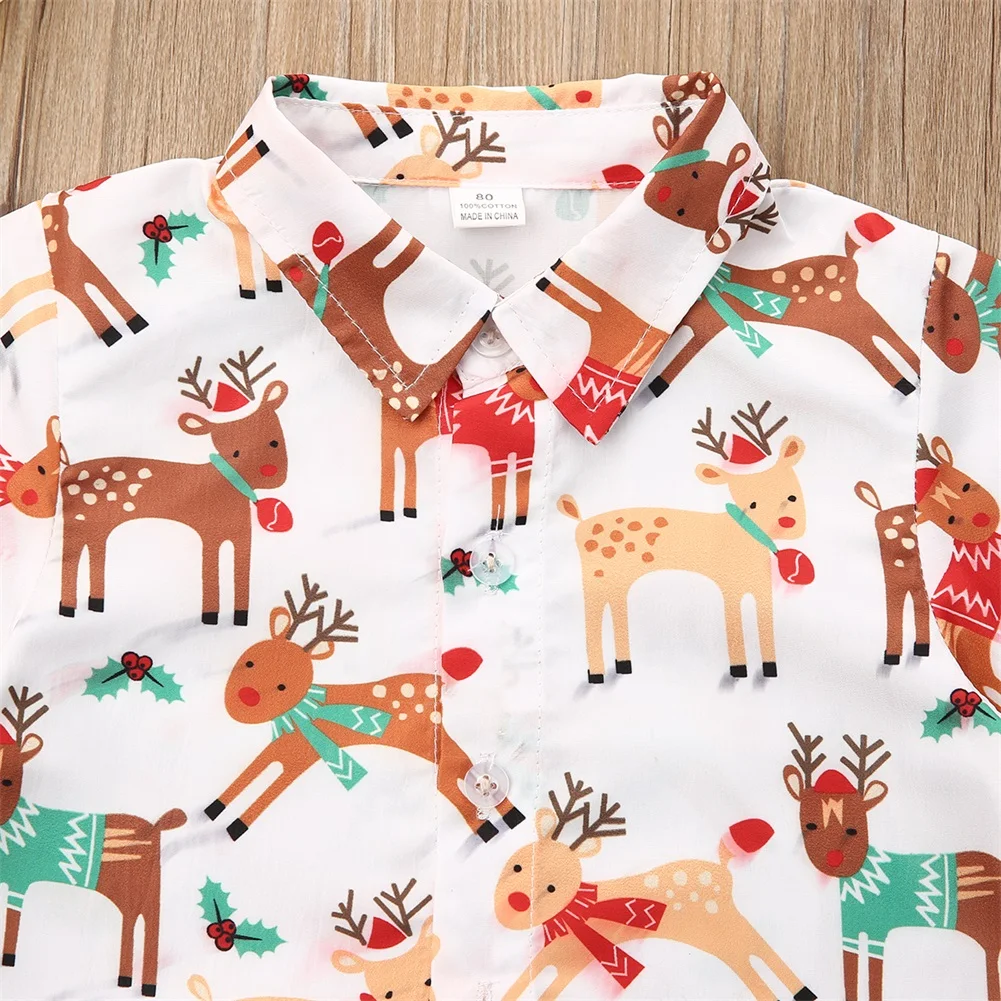 От 1 до 6 лет комплект одежды из 2 предметов для маленьких мальчиков, Рождественский костюм рубашка с отворотом и принтом оленя и шорты, штаны