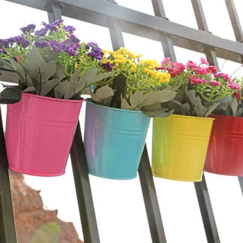 

Removable Hook Wall Fence Bonsai Flower Tub Pots Candy Color Iron Bucket Tin Garden Balcony Hanging Succulent Basket