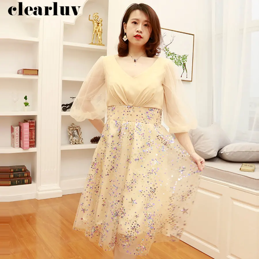 

Prom Dress Plus Size Vestidos De Gala DX062 2019 New V-Neck Sequins Dresses Women Party Night Champagne Lantern Sleeve Prom Gown