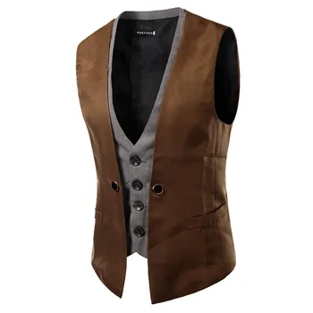 

New Men's Personality Plaid Atitching Fake Two-piece Suit Vests Casual Business Single-breasted Waistcoat Autumn Winter Vest Men