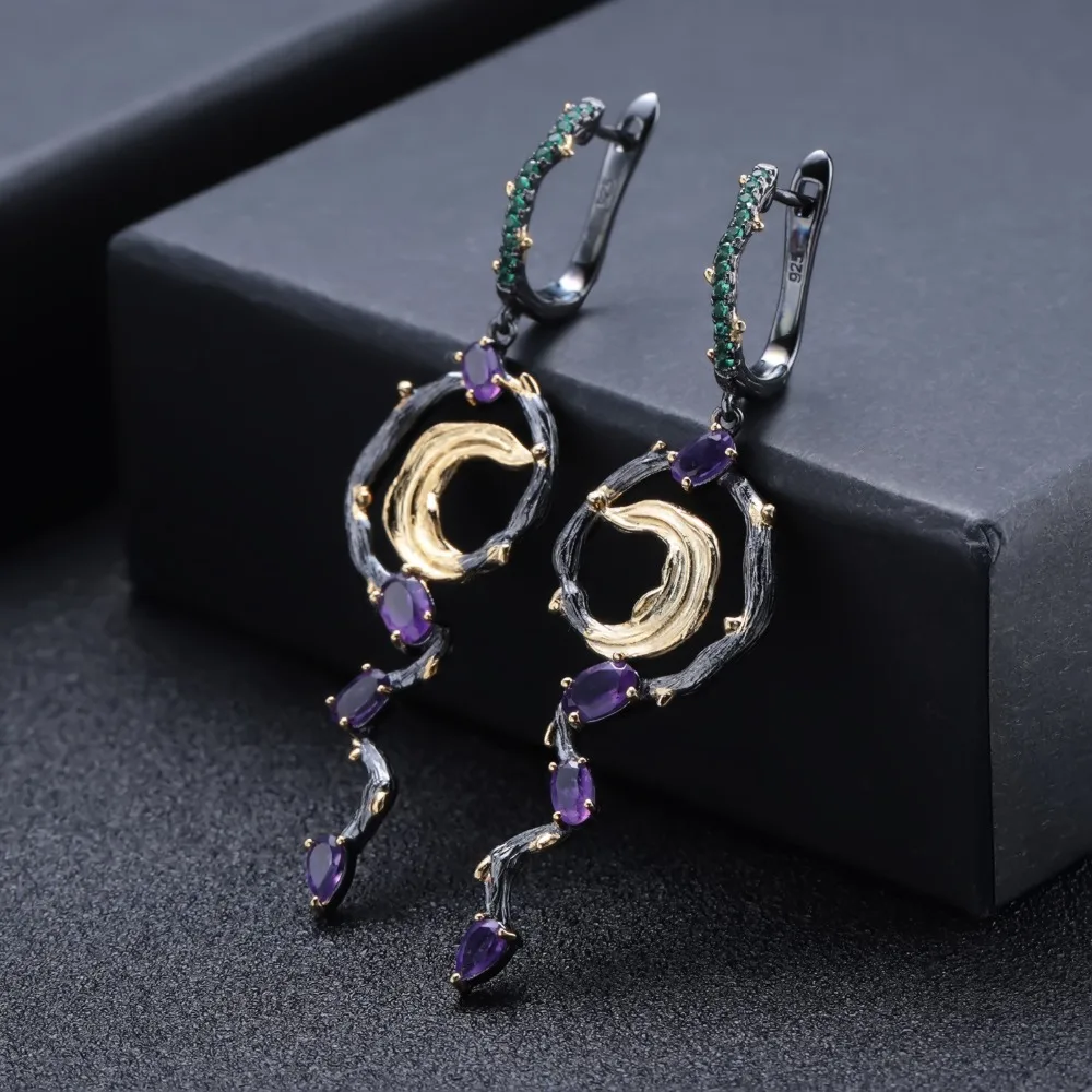 Балетные серьги с натуральным аметистом 3.19Ct, набор колец из 925 пробы серебра, винтажный Готический набор украшений для женщин, хорошее ювелирное изделие