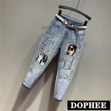 Новая мода осенние женские синие джинсы брюки стикер с отверстиями Горячая дрель высокая Талия шаровары шикарные джинсовые штаны