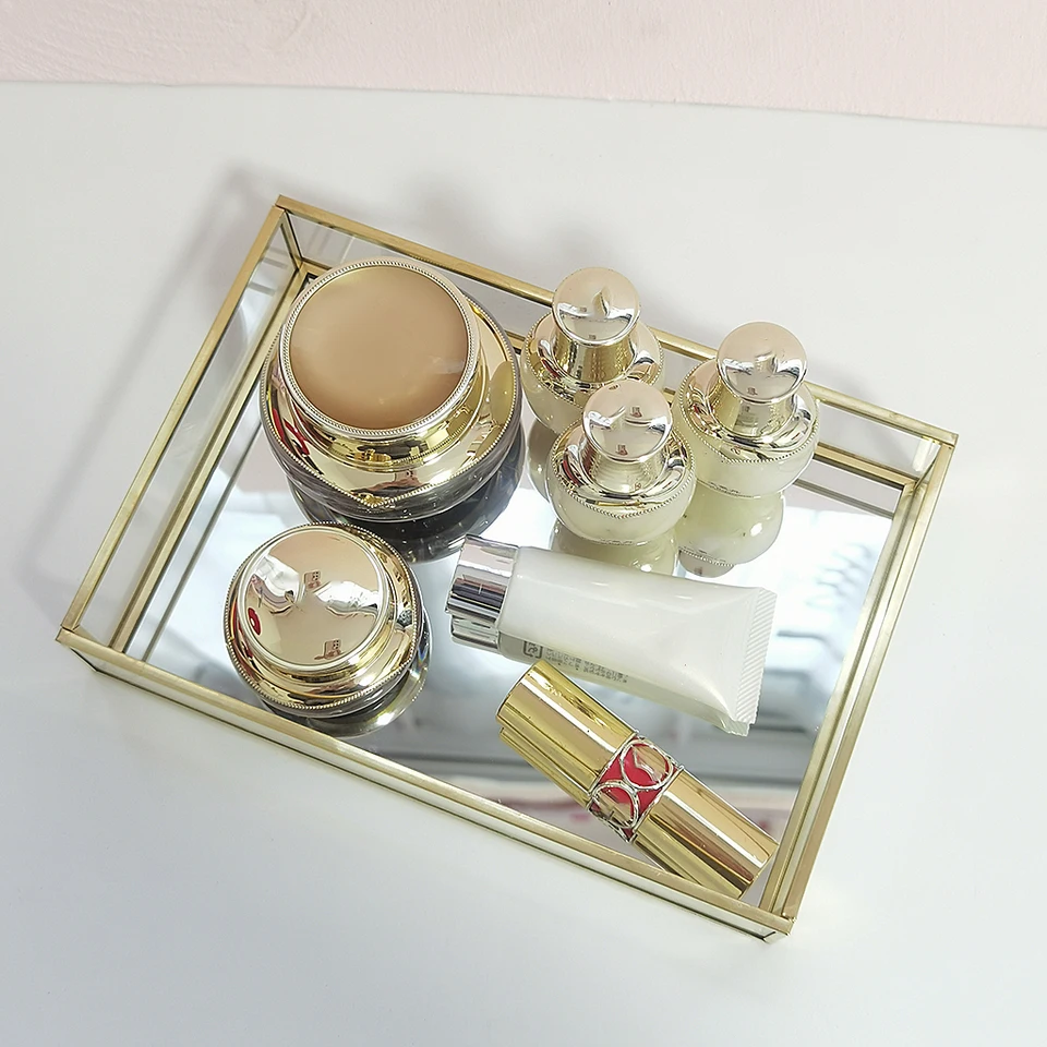 Organizzatori di vassoi cosmetici, vassoio per trucco con specchio in vetro poligonale, vassoio decorativo in metallo per vanità, comò, bagno, camera da letto (Oro