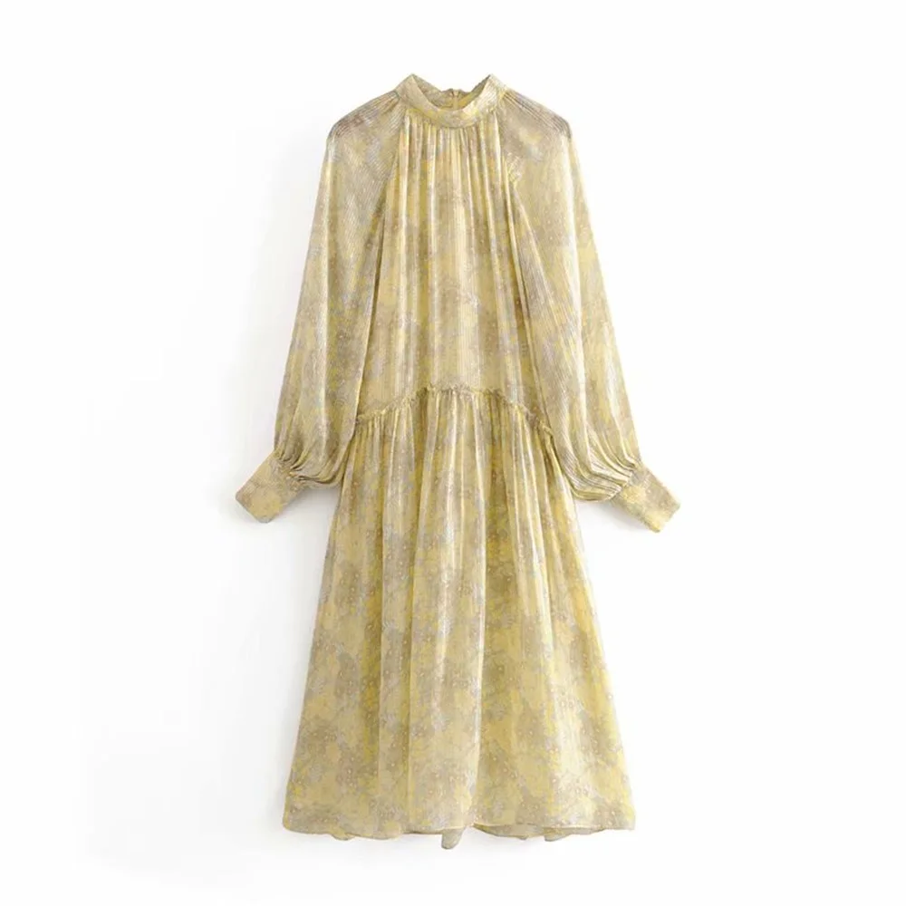 Осень 2019 женское Новое Пышное Платье со стоячим воротником и длинным рукавом с