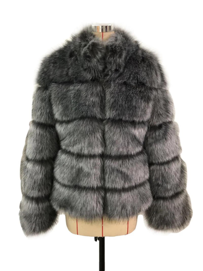Dark grey Новое зимнее пальто женское пальто из искусственного лисьего меха плюс размер женское пальто с воротником-стойкой с длинным рукавом из искусственного меха красное меховое пальто - Цвет: Dark grey