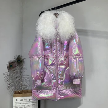

Large Real wool Fur 2020 New Women Winter Jacket glossy Warm Female White Duck Down Jacket Medium Long Parkas Loose Women Coat