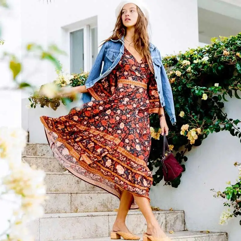 

Boho Inspired Rosa Wrap Dress women 3/4 sleeve V-neck long summer dresses belt tied casual boho dress playful chic beach dress