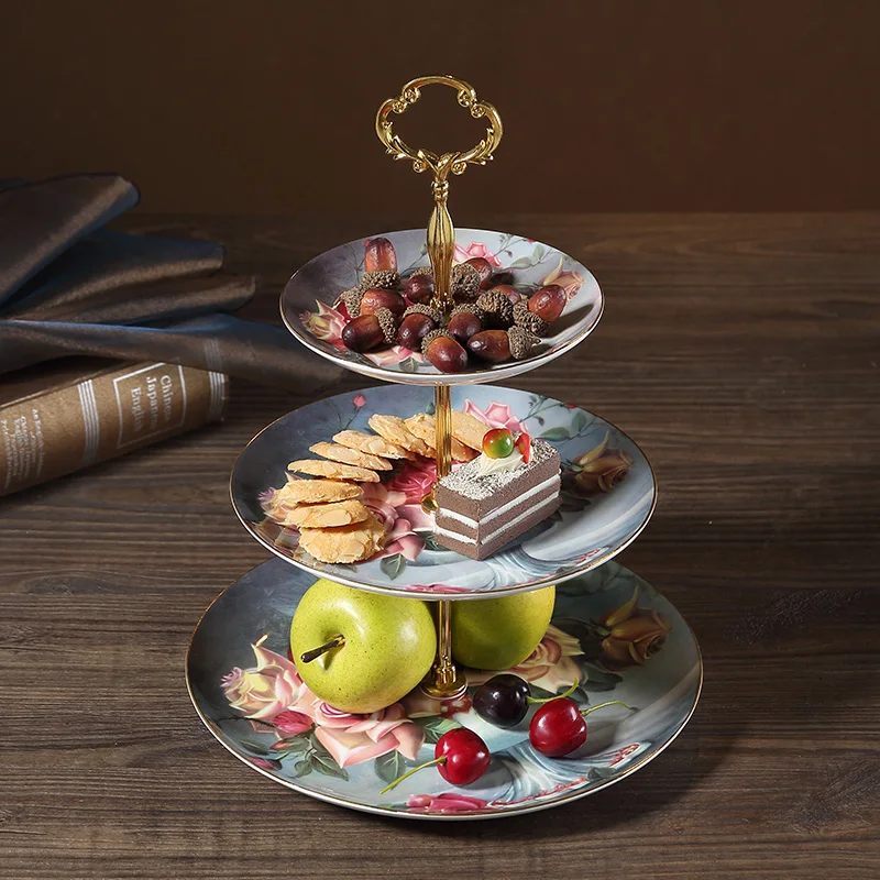 

Rose Dessert Plate Stand Bone China Two/Three Layer Cake Stand Fruit Plates Candy Tray Wedding Decorative Kitchen Table Supplies