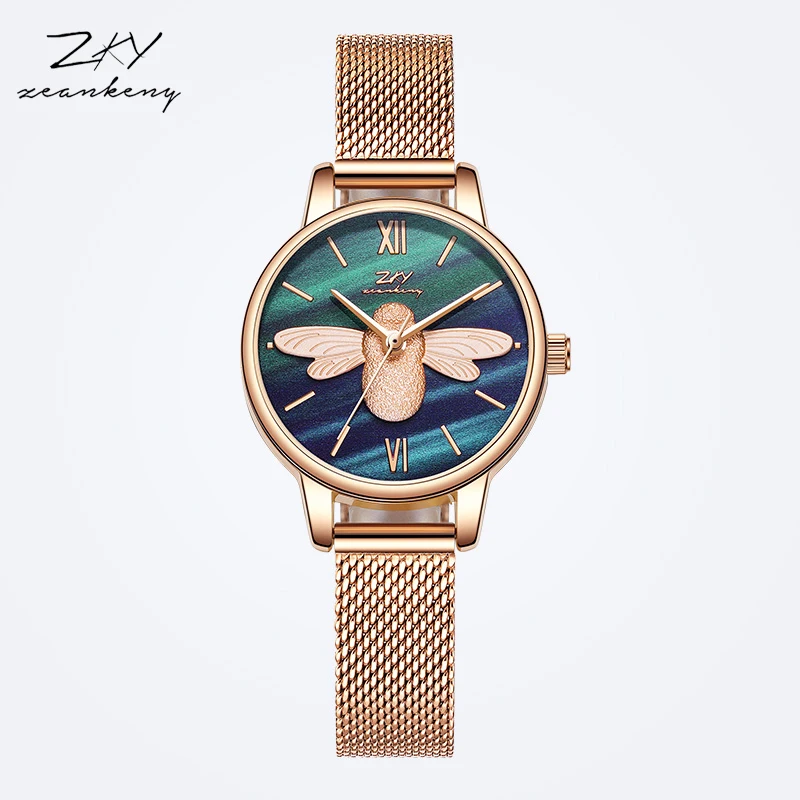 

ZKY Mesh Belt Women Watches Small Bee Dial Women Luxury Casual Clock Ladies Wrist Watch Gift Japan Quartz Movement Dropshipping