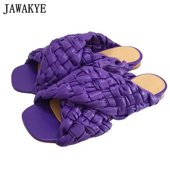 

Flat Heel Padded Leather Mules Women Casual Beach Shoes Outdoor Slippers Crochet Leather Woman flipflops Runway Purple Slippers