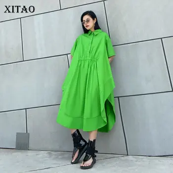 

XITAO Plus Size Women Dress Fashion New Women Elegant Irregular 2020 Summer Split Pleated Single Breast Casual Dress GCC3449